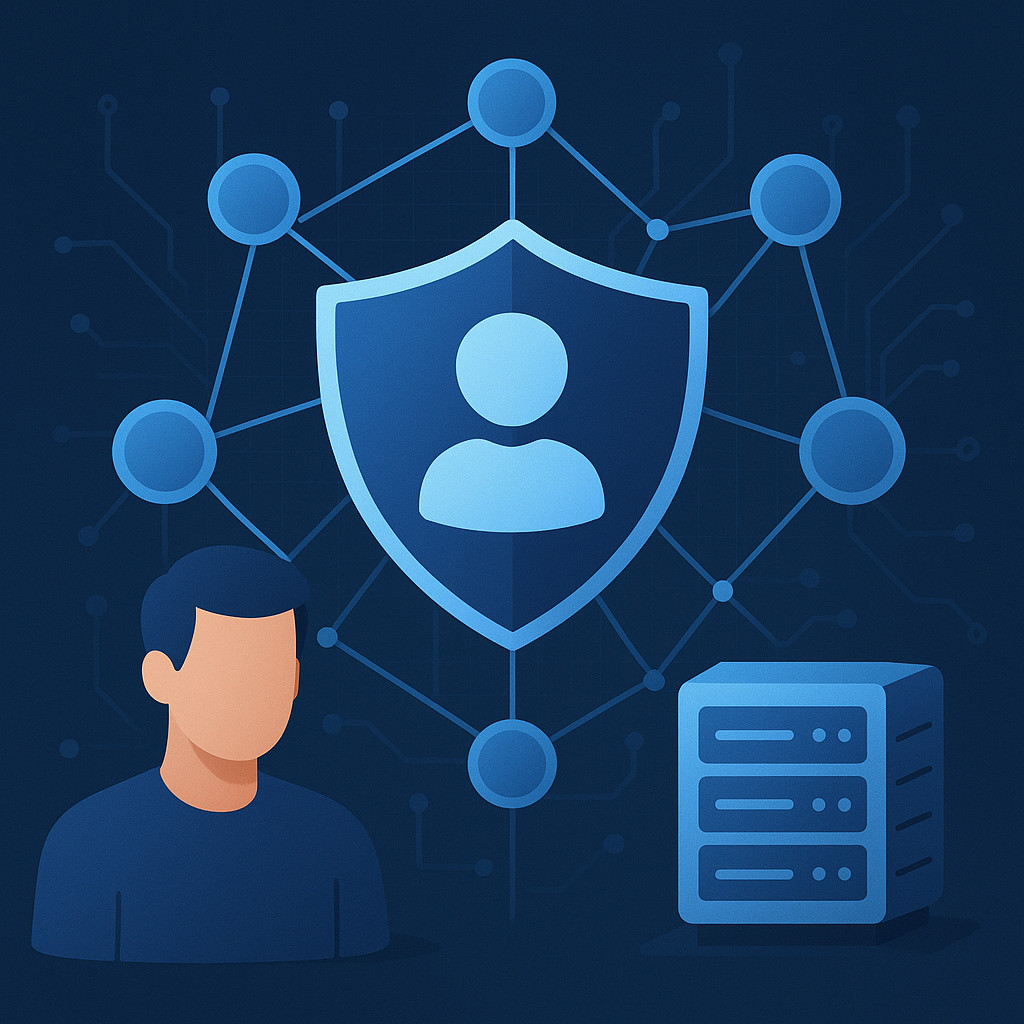 Visual representation of a decentralized identity network with glowing nodes and blockchain connections