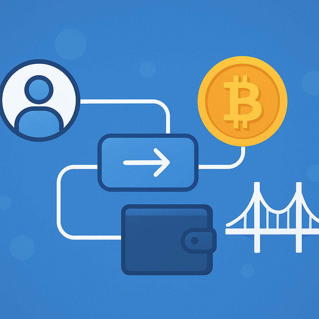 Digital bridge connecting social login icons like Google and Apple to crypto wallet symbols